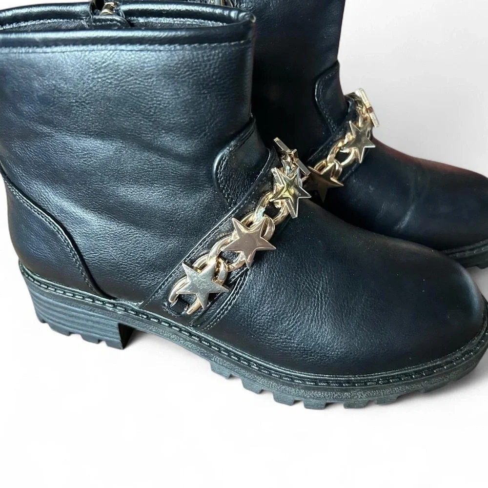 Kidpik Girls’ Moto Boots – Size 1 – Leather with Star Chain Detail